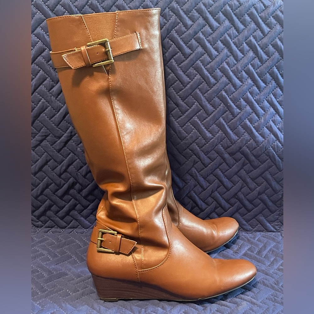 Tan, over-the-calf boots